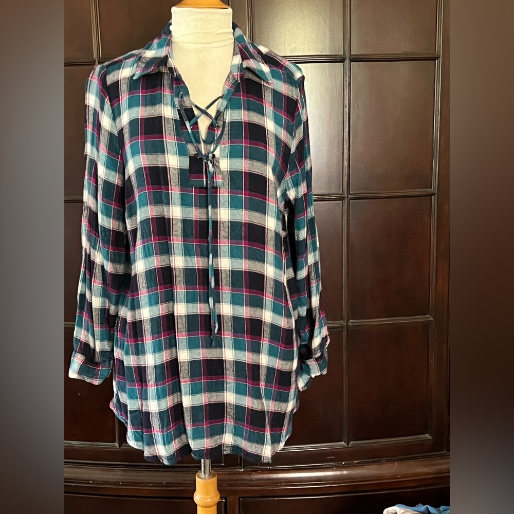 Plaid Women's Top - Teal, pink, white